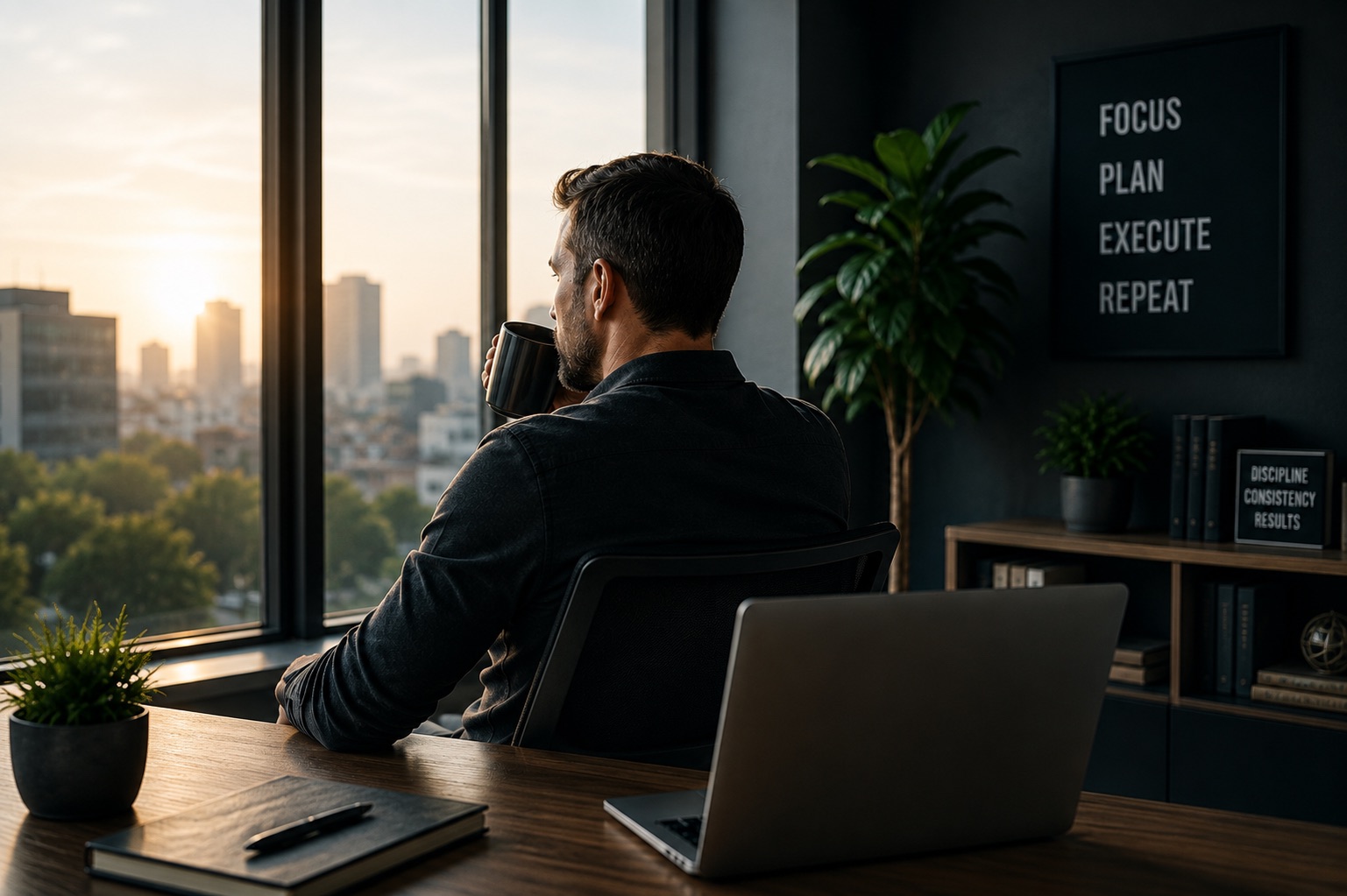 A business owner at their desk with a coffee, turned away from the laptop to look out over the city