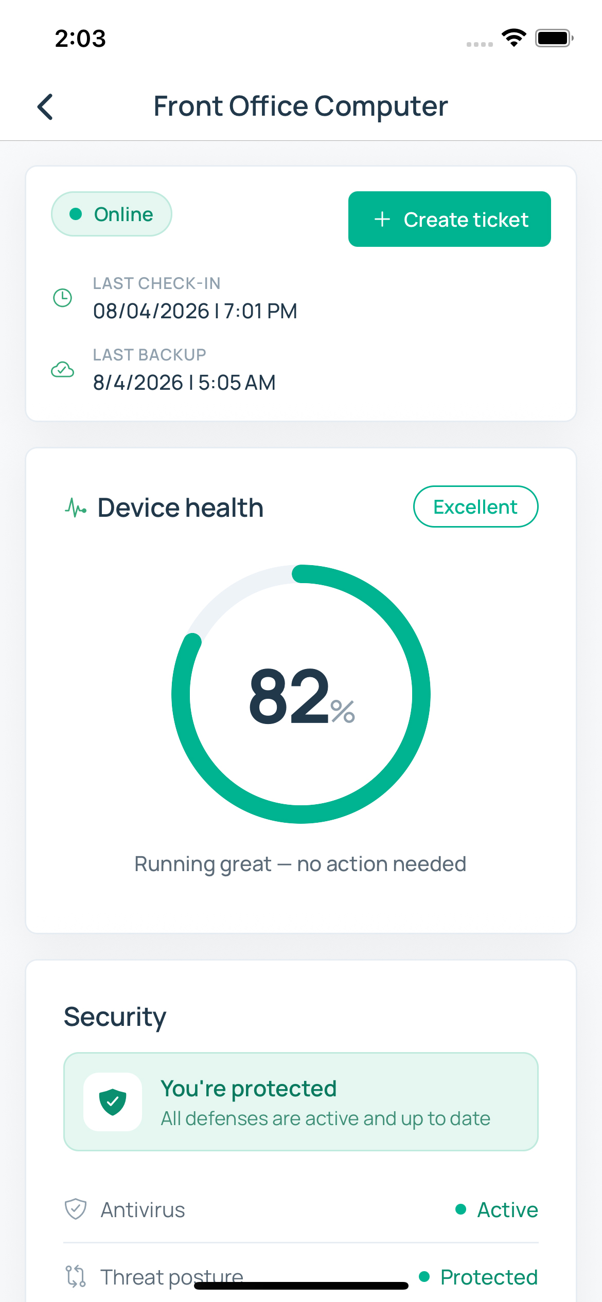 The Senturi iPhone app showing one computer, Front Office Computer: online, last backed up this morning, a device health score of 82% rated excellent, and security showing antivirus active and threat posture protected.